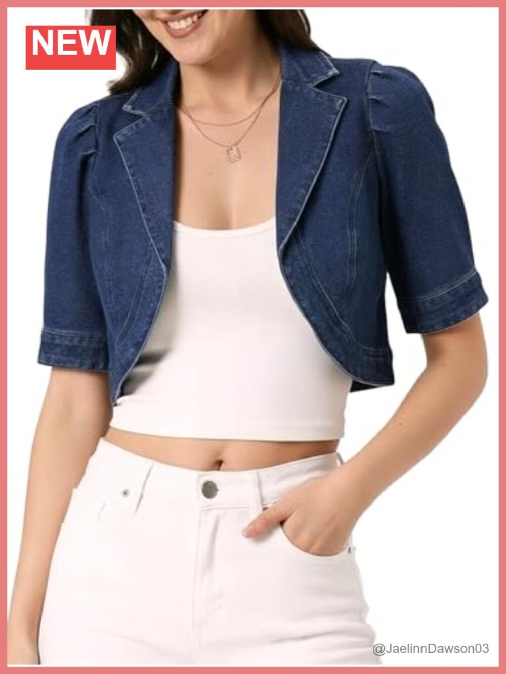 Women's Cropped Denim Jacket Short Puff Sleeve Cotton Blend Open Front